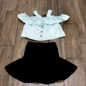 girls jean like off shoulder crop top with matching flair miniskirt